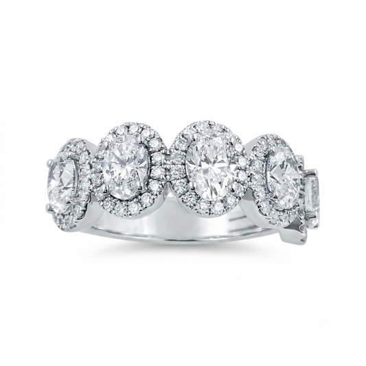 14K White Gold Oval Diamond Ring, 2CTW Round Halo Wedding Band, Multi Stone Anniversary Gift For Women, Statement Promise Jewelry