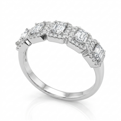 14K White Gold Emerald Cut Diamond Ring, 1CTW Round Halo Five Stone Wedding Band, Anniversary Jewelry Gift For Women