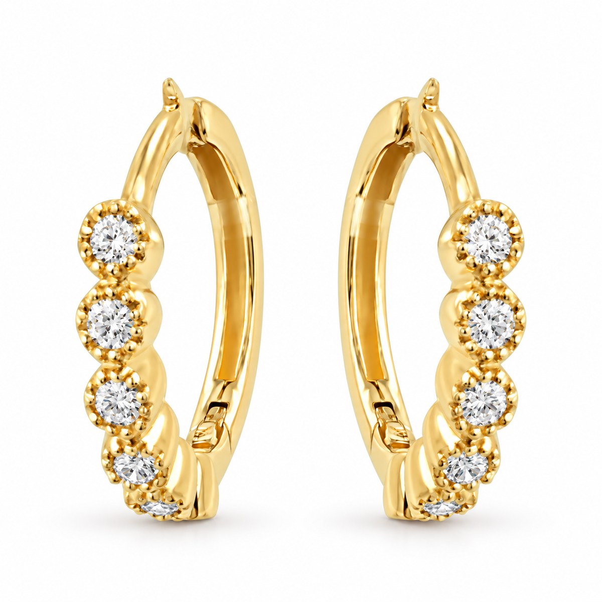 14K Yellow Gold Diamond Hoop Earrings, 0.16 CTW Round Cut Sparkle, Beaded Huggie Style Jewelry, Bridal Anniversary Gift