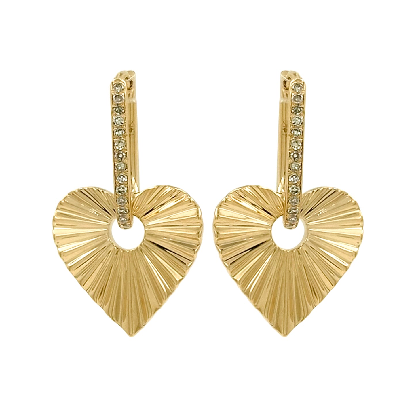 14K Gold Fluted Heart Dangle Earrings, Diamond Huggie Hoops, Textured Romantic Jewelry