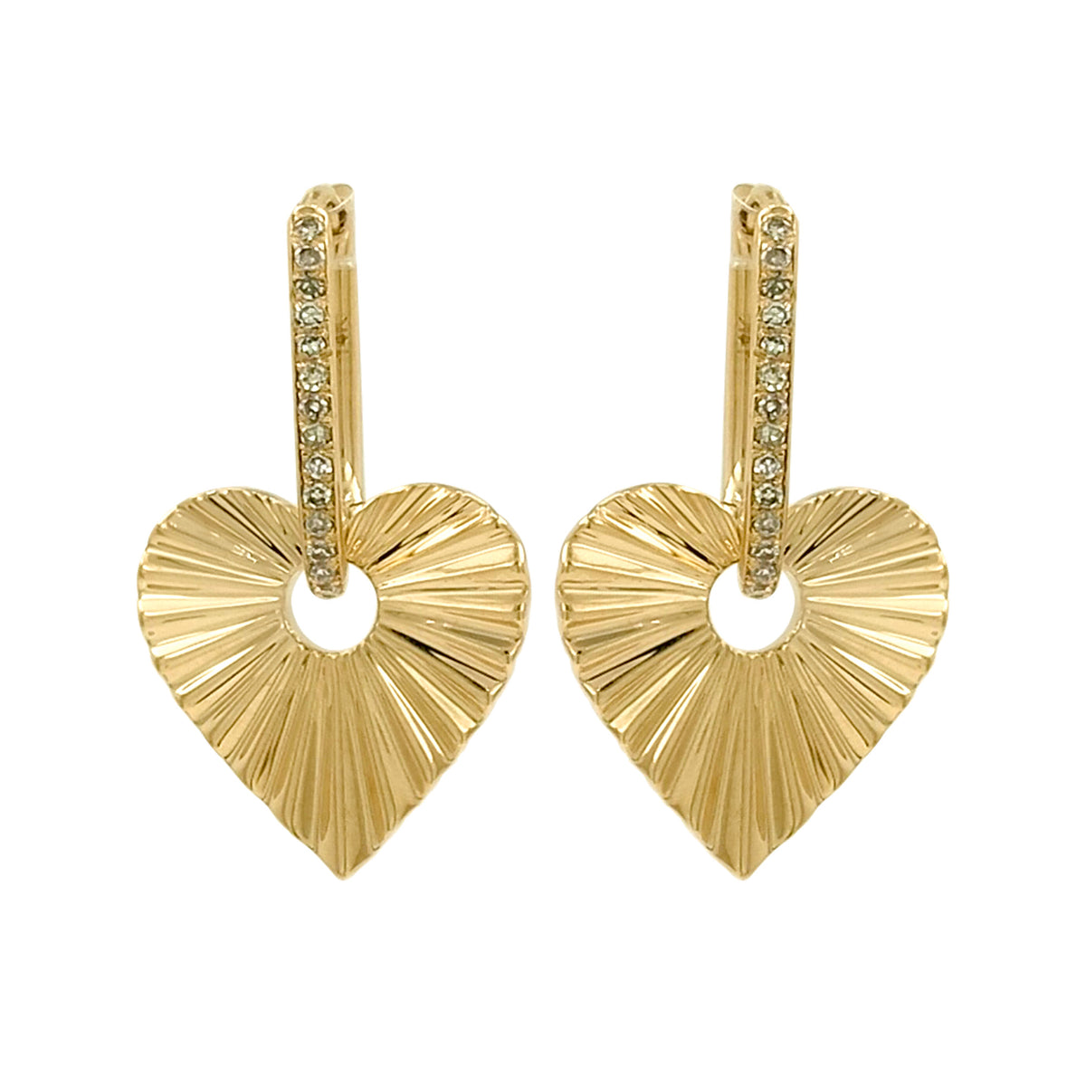14K Gold Fluted Heart Dangle Earrings, Diamond Huggie Hoops, Textured Romantic Jewelry
