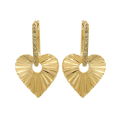 14K Gold Fluted Heart Dangle Earrings, Diamond Huggie Hoops, Textured Romantic Jewelry