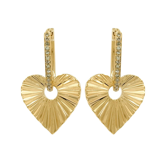 14K Gold Fluted Heart Dangle Earrings, Diamond Huggie Hoops, Textured Romantic Jewelry