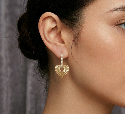 14K Gold Fluted Heart Dangle Earrings, Diamond Huggie Hoops, Textured Romantic Jewelry