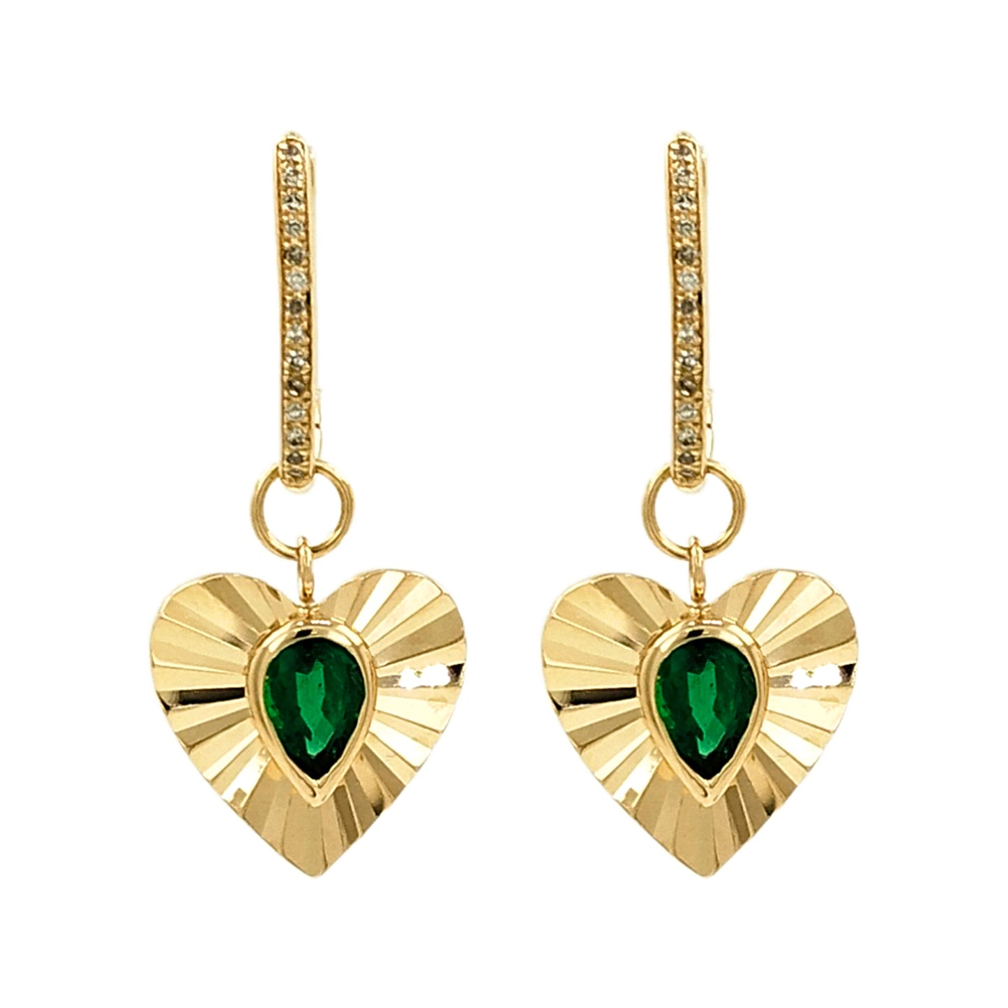 14K Gold Heart Dangles Sunburst Earrings Green Stone Jewelry Pear Cut Emerald Drop Diamond Huggies Anniversary Gift Victorian Style