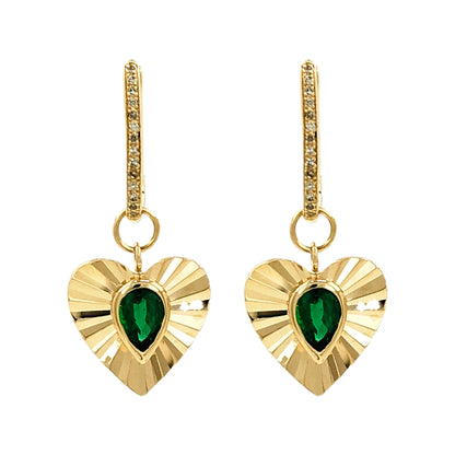 14K Gold Heart Dangles Sunburst Earrings Green Stone Jewelry Pear Cut Emerald Drop Diamond Huggies Anniversary Gift Victorian Style