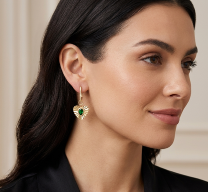 14K Gold Heart Dangles Sunburst Earrings Green Stone Jewelry Pear Cut Emerald Drop Diamond Huggies Anniversary Gift Victorian Style