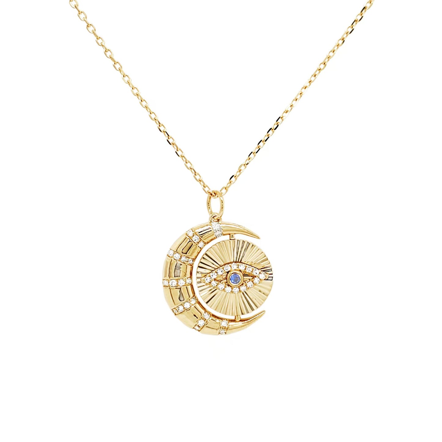 14K Gold Diamond Crescent Moon Sapphire Evil Eye Necklace Fluted Sunburst Pendant 1/10CTW Jewelry Celestial Protection Gift Her