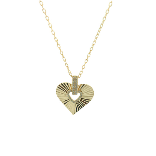 14K Gold Diamond Heart Pendant Necklace Fluted Sunburst Charm 1/10CTW 18 Inch Chain Romantic Anniversary Gift For Her