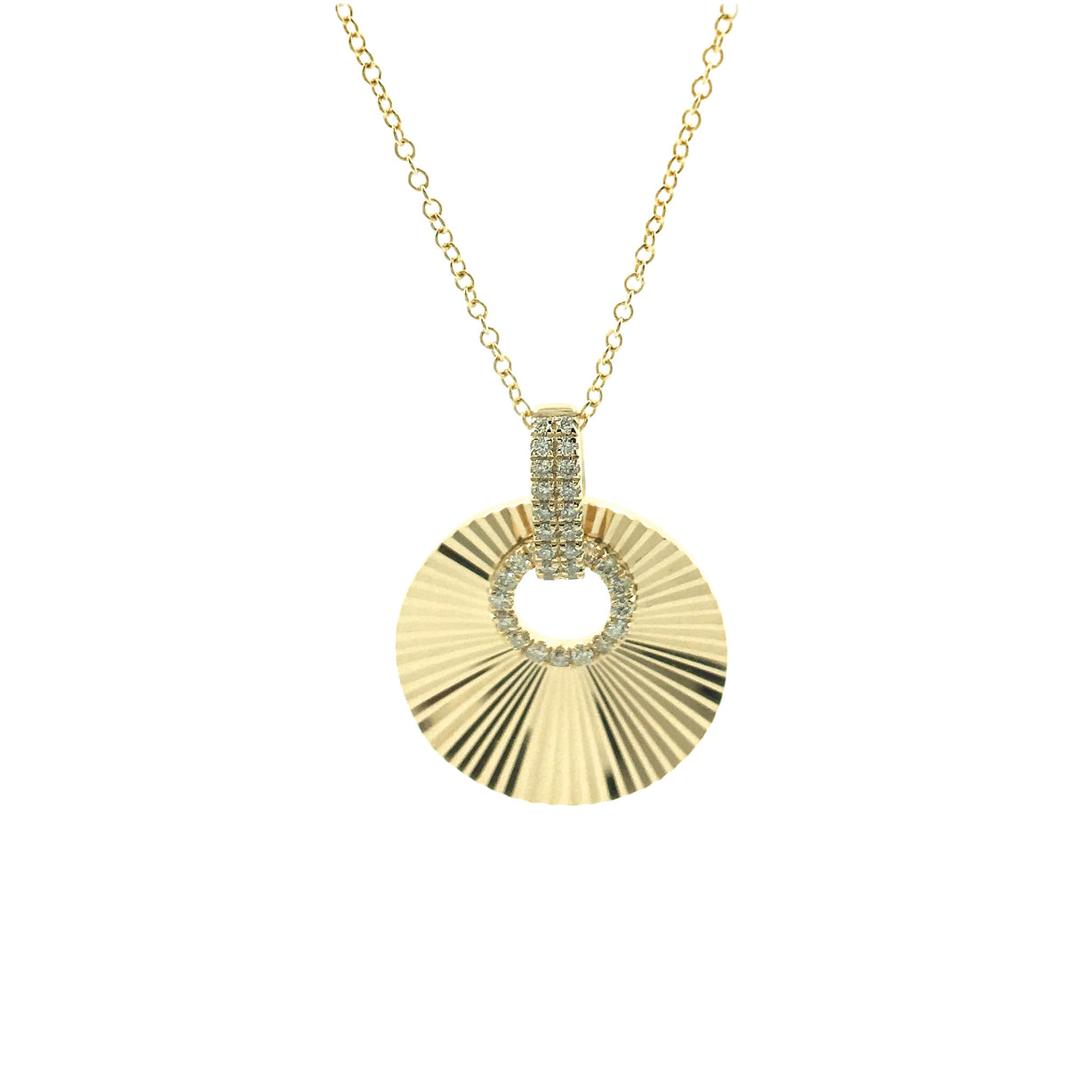 14K Gold Fluted Sunburst Diamond Pendant Necklace â€“ 1/10 CTW, 18 Inch Chain