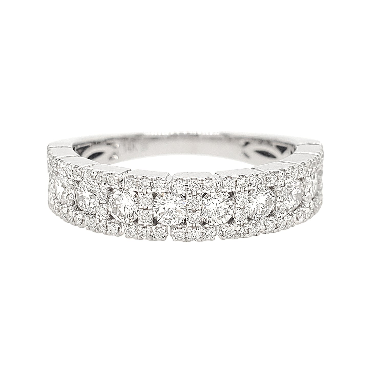 14k White Gold Diamond Wedding Band, 0.90 CTW Triple Row Anniversary Ring