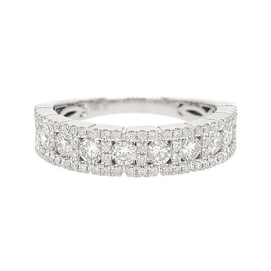 14k White Gold Diamond Wedding Band, 0.90 CTW Triple Row Anniversary Ring