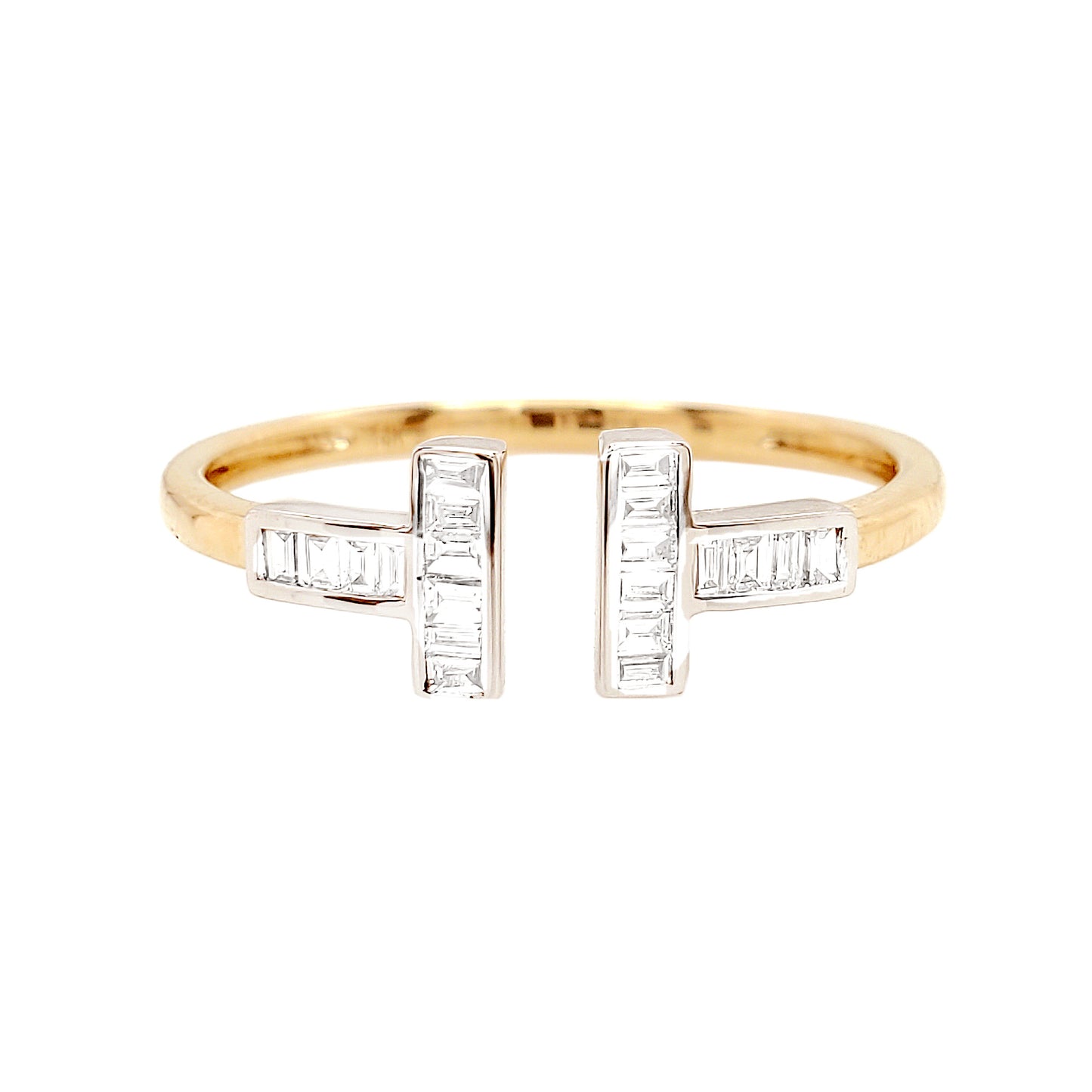 14K Yellow Gold Baguette Diamond Open Ring, Two-Tone Geometric Bar Band