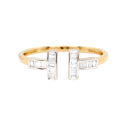 14K Yellow Gold Baguette Diamond Open Ring, Two-Tone Geometric Bar Band