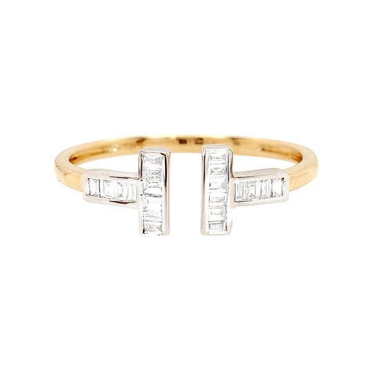 14K Yellow Gold Baguette Diamond Open Ring, Two-Tone Geometric Bar Band