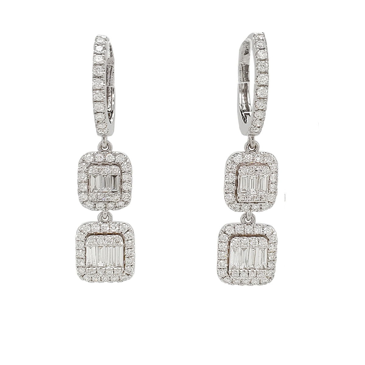 14K Solid Gold Baguette & Round Cut Diamond Drop Earrings (9/10 CTW)