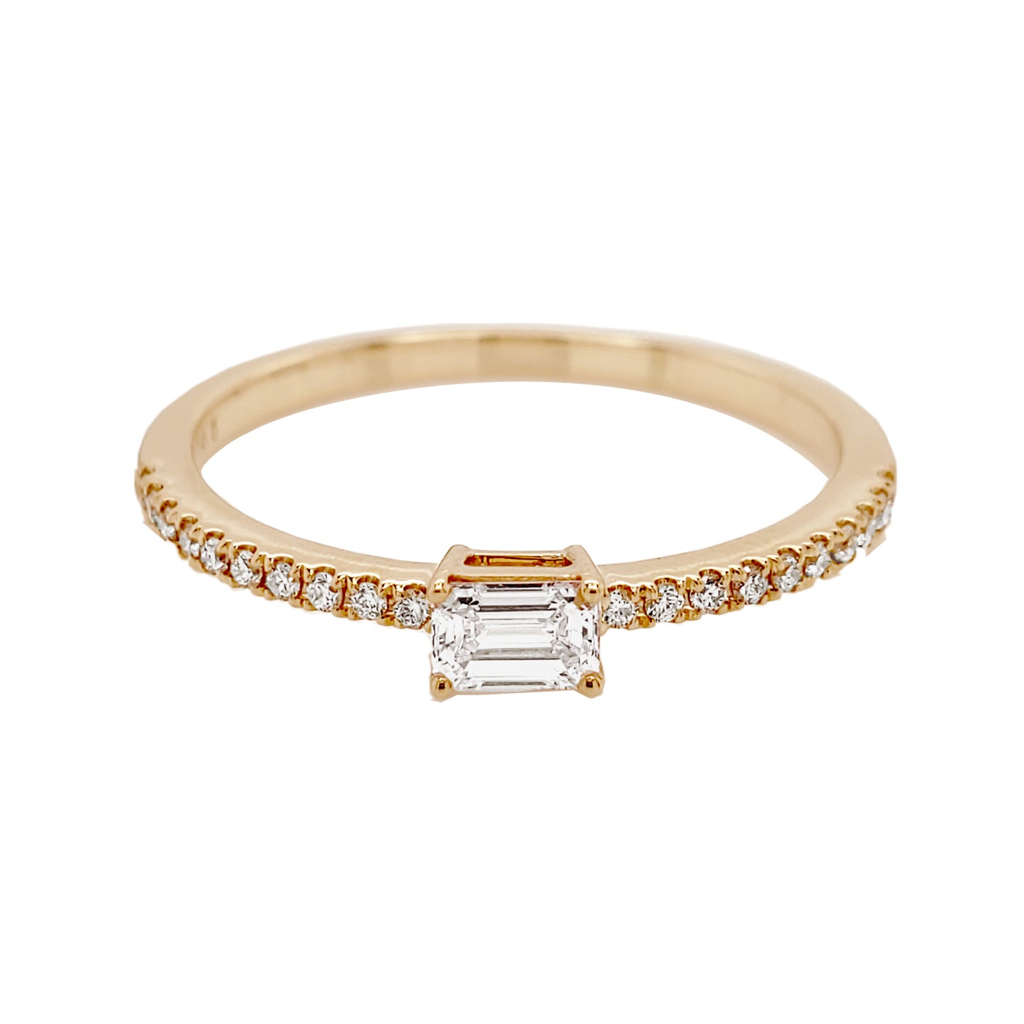 14k Yellow Gold Emerald Cut Diamond Ring, Minimalist Pavé Band