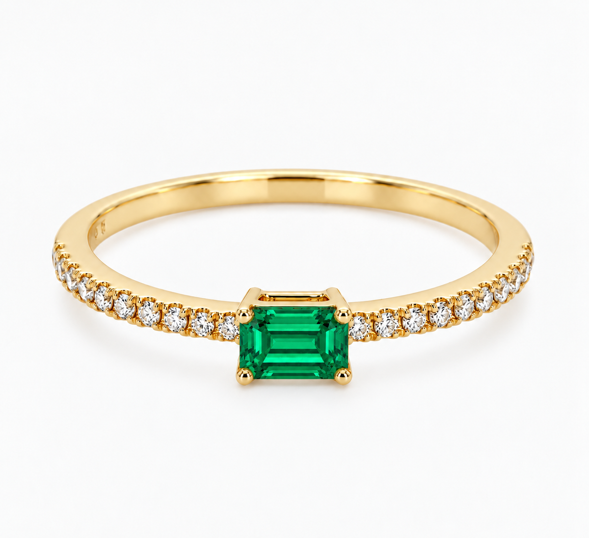 14K Yellow Gold Green Emerald & Diamond Ring, Minimalist Pavé Band