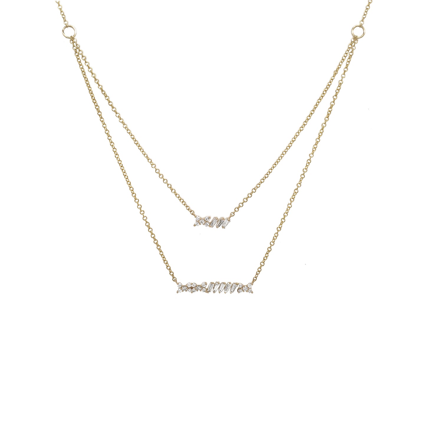 14K Yellow Gold Diamond Bar Layered Necklace, Baguette & Round Cut