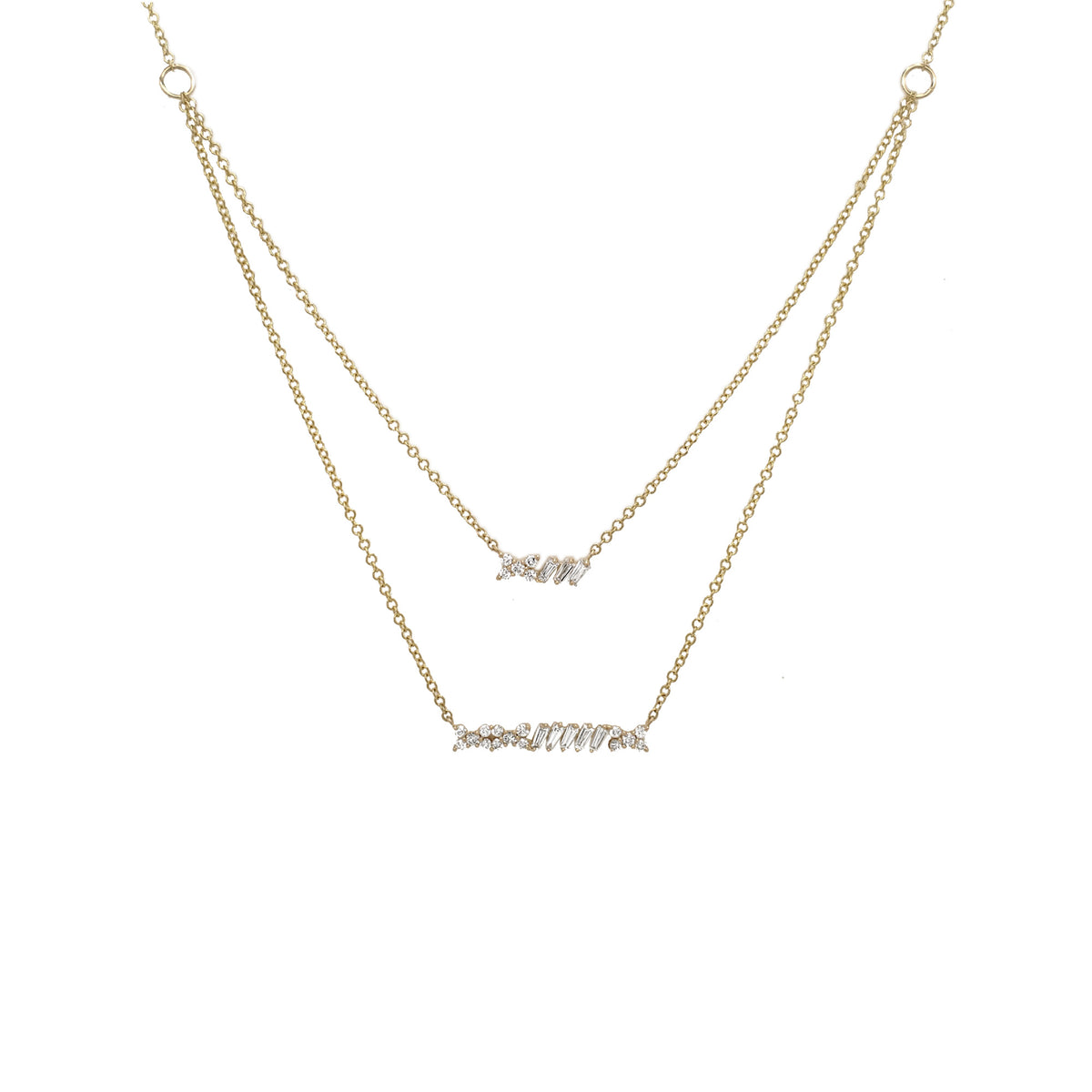 14K Yellow Gold Diamond Bar Layered Necklace, Baguette & Round Cut