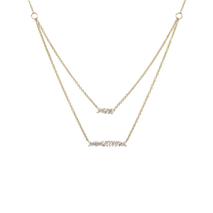 14K Yellow Gold Diamond Bar Layered Necklace, Baguette & Round Cut