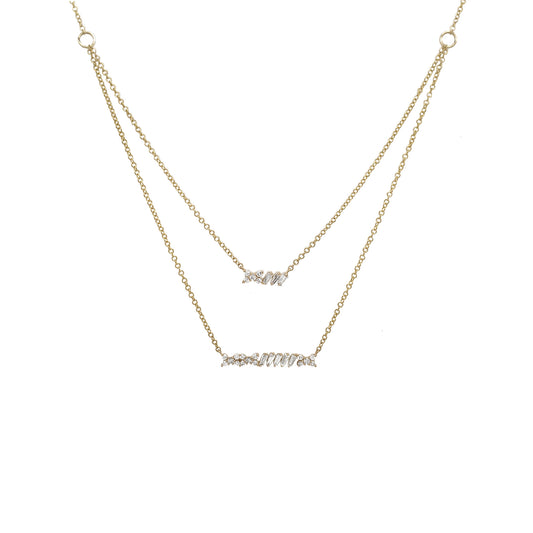 14K Yellow Gold Diamond Bar Layered Necklace, Baguette & Round Cut