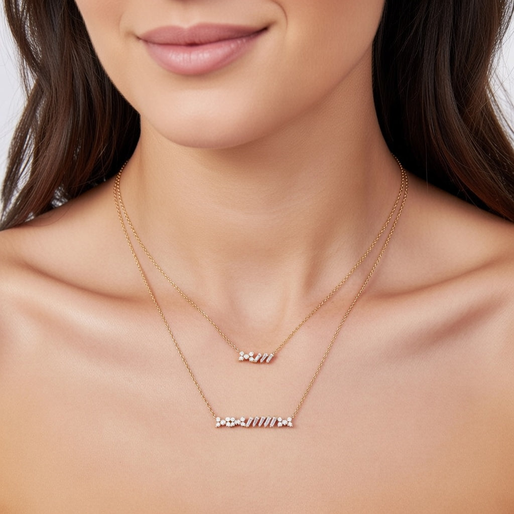 14K Yellow Gold Diamond Bar Layered Necklace, Baguette & Round Cut