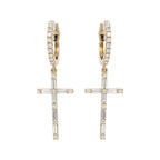 14K Gold Diamond Cross Earrings, Baguette & Round Cut