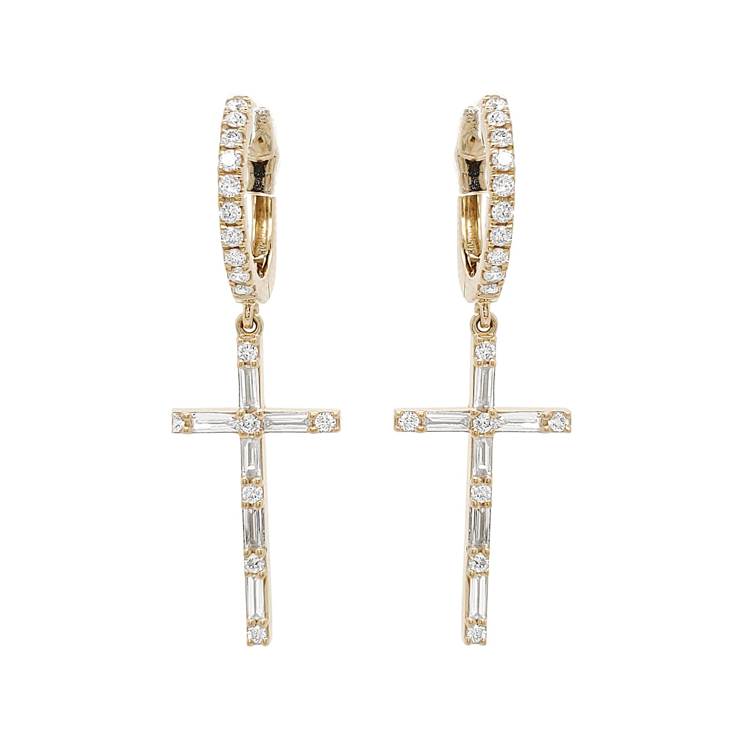 14K Gold Diamond Cross Earrings, Baguette & Round Cut