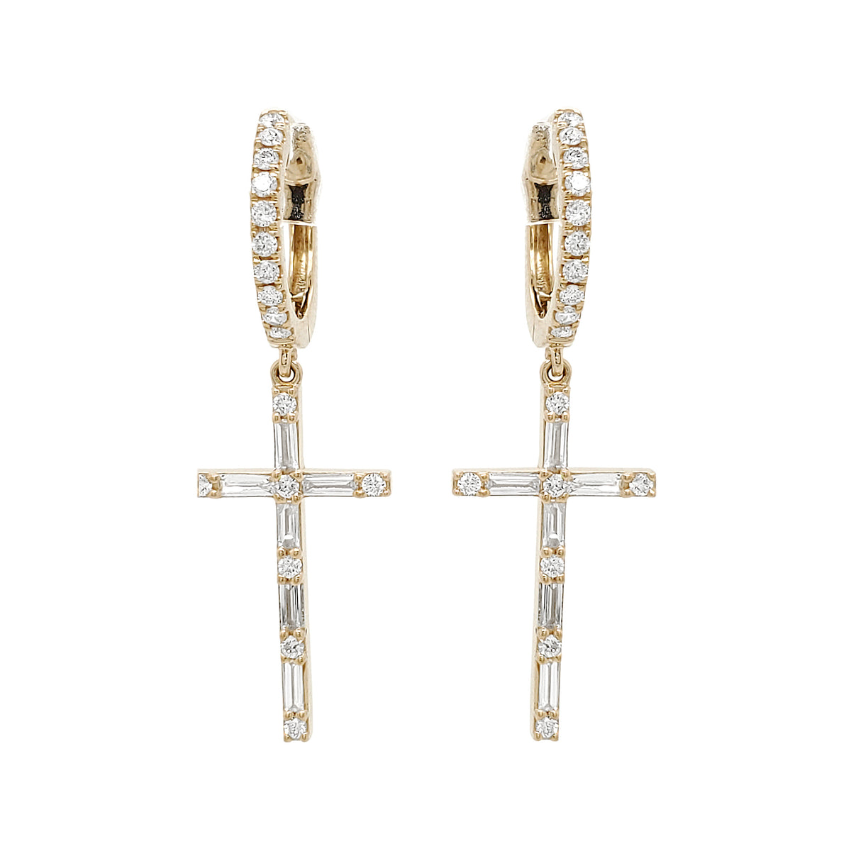 14K Gold Diamond Cross Earrings, Baguette & Round Cut