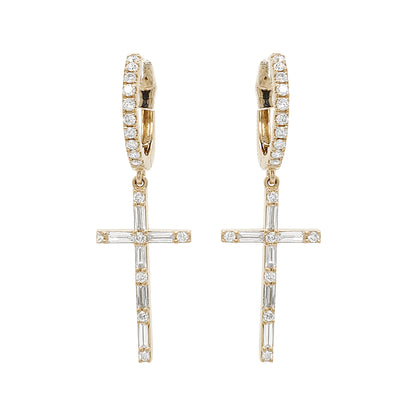 14K Gold Diamond Cross Earrings, Baguette & Round Cut