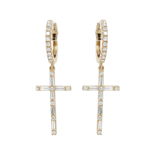 14K Gold Diamond Cross Earrings, Baguette & Round Cut