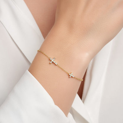14K Gold Diamond Dual Cross Bracelet, Religious Jewelry Gift