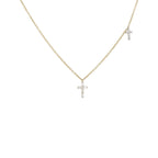14K Gold Dual Cross Necklace, Baguette & Round Diamond Pendant