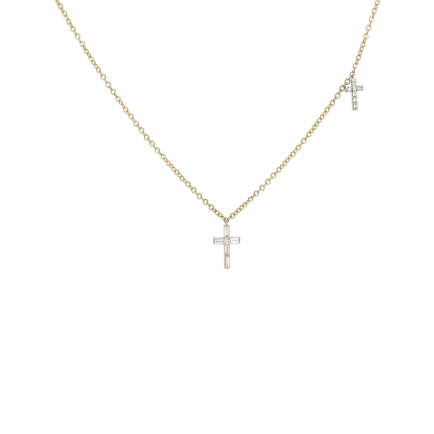 14K Gold Dual Cross Necklace, Baguette & Round Diamond Pendant
