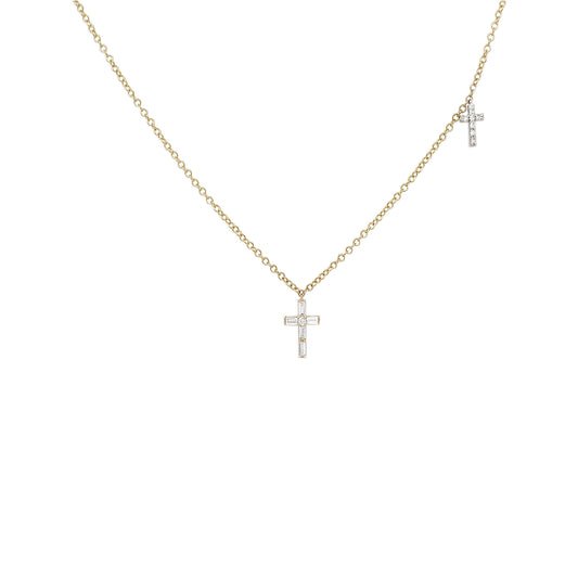 14K Gold Dual Cross Necklace, Baguette & Round Diamond Pendant
