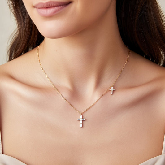 14K Gold Dual Cross Necklace, Baguette & Round Diamond Pendant