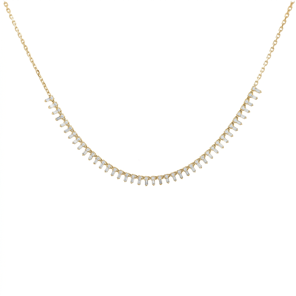 14K Yellow Gold Baguette Diamond Fringe Necklace 1 Carat Round Cluster Dainty Drop Pendant 18" Gold Chain Wedding Jewelry Graduation Gift