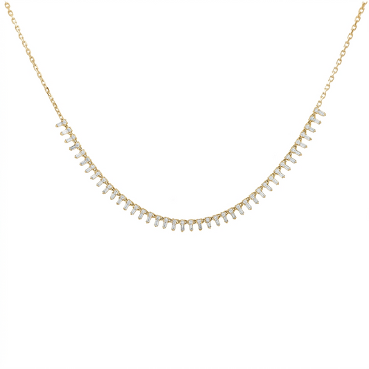 14K Yellow Gold Baguette Diamond Fringe Necklace 1 Carat Round Cluster Dainty Drop Pendant 18" Gold Chain Wedding Jewelry Graduation Gift