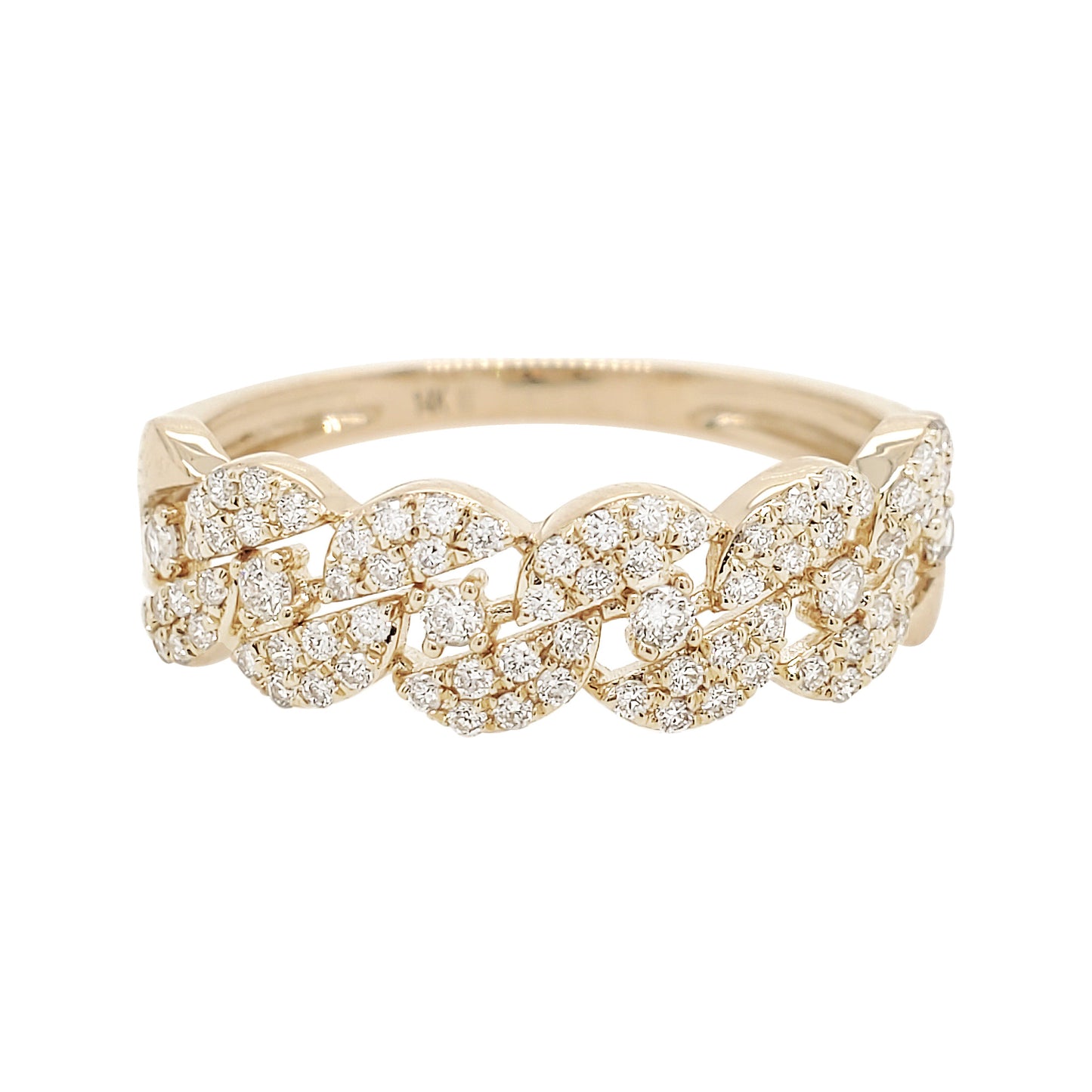 14K Gold Diamond Cuban Link Ring, Halfway Pave Curb Chain Band