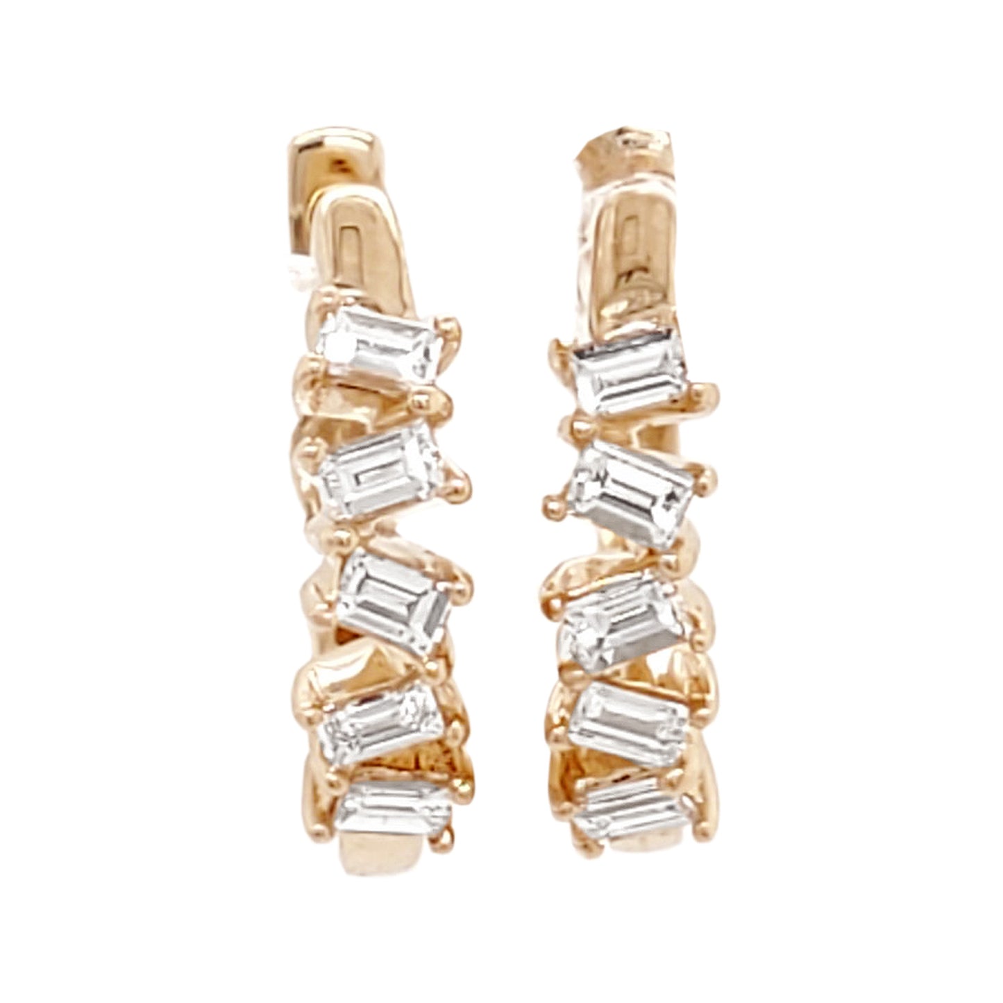 14K Gold Baguette Diamond Huggie Earrings, Dainty Hoops