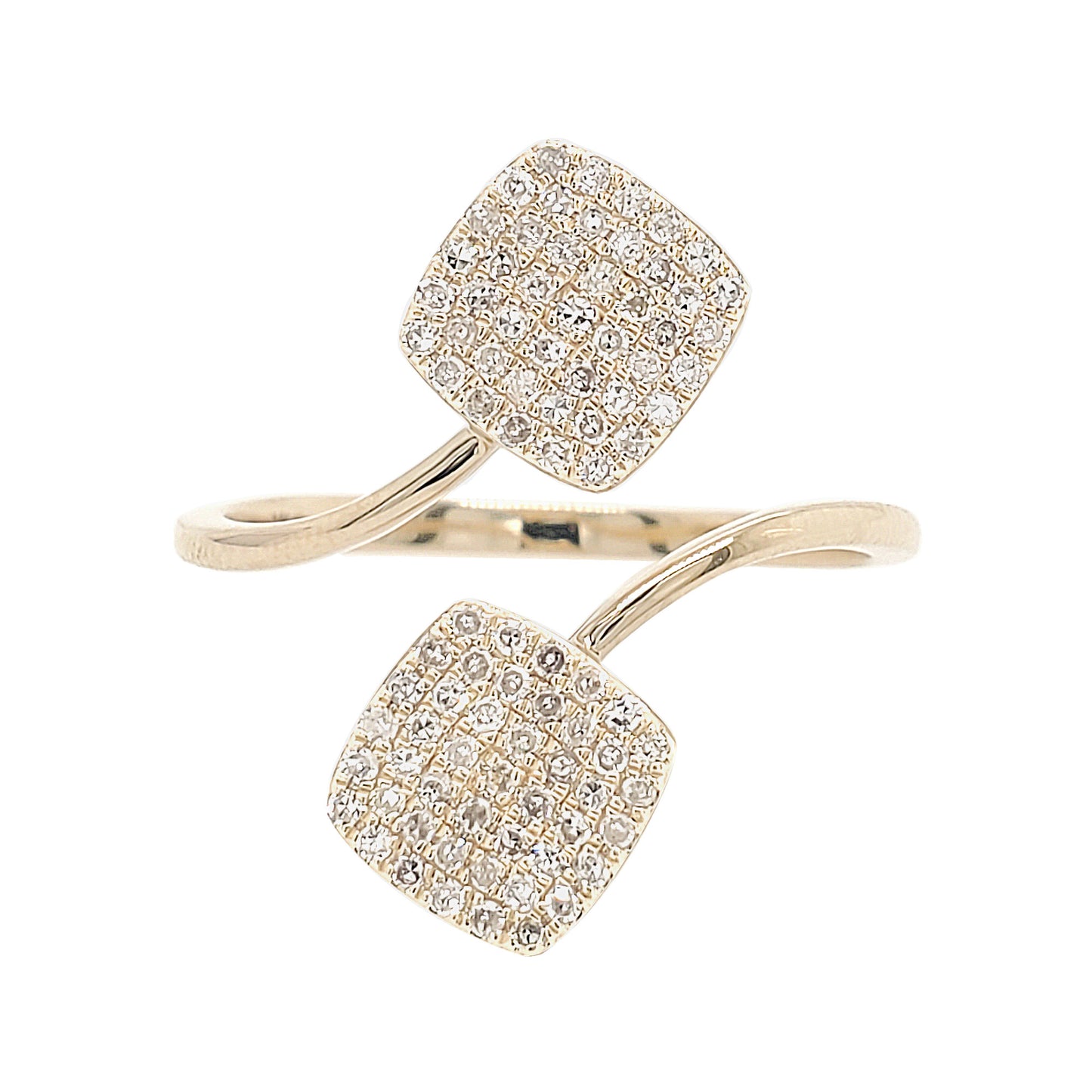 14K Solid Gold Diamond Bypass Ring, Dual Square Pavé Statement Jewelry