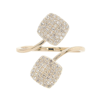 14K Solid Gold Diamond Bypass Ring, Dual Square Pavé Statement Jewelry