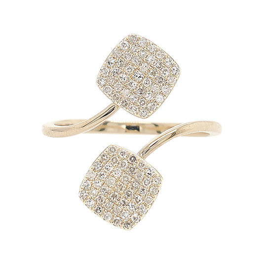 14K Solid Gold Diamond Bypass Ring, Dual Square Pavé Statement Jewelry
