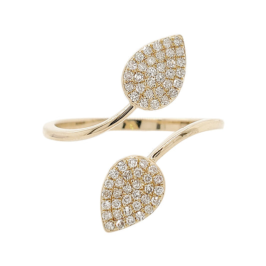 14K Gold Diamond Leaf Ring, Nature Inspired Bypass Ring