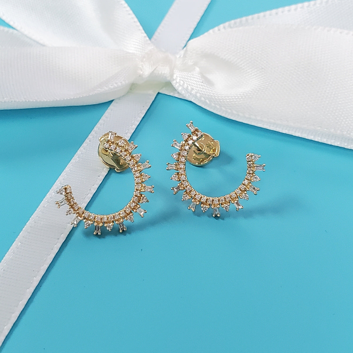 14K Gold Diamond Crescent Earrings | Baguette & Round Cut