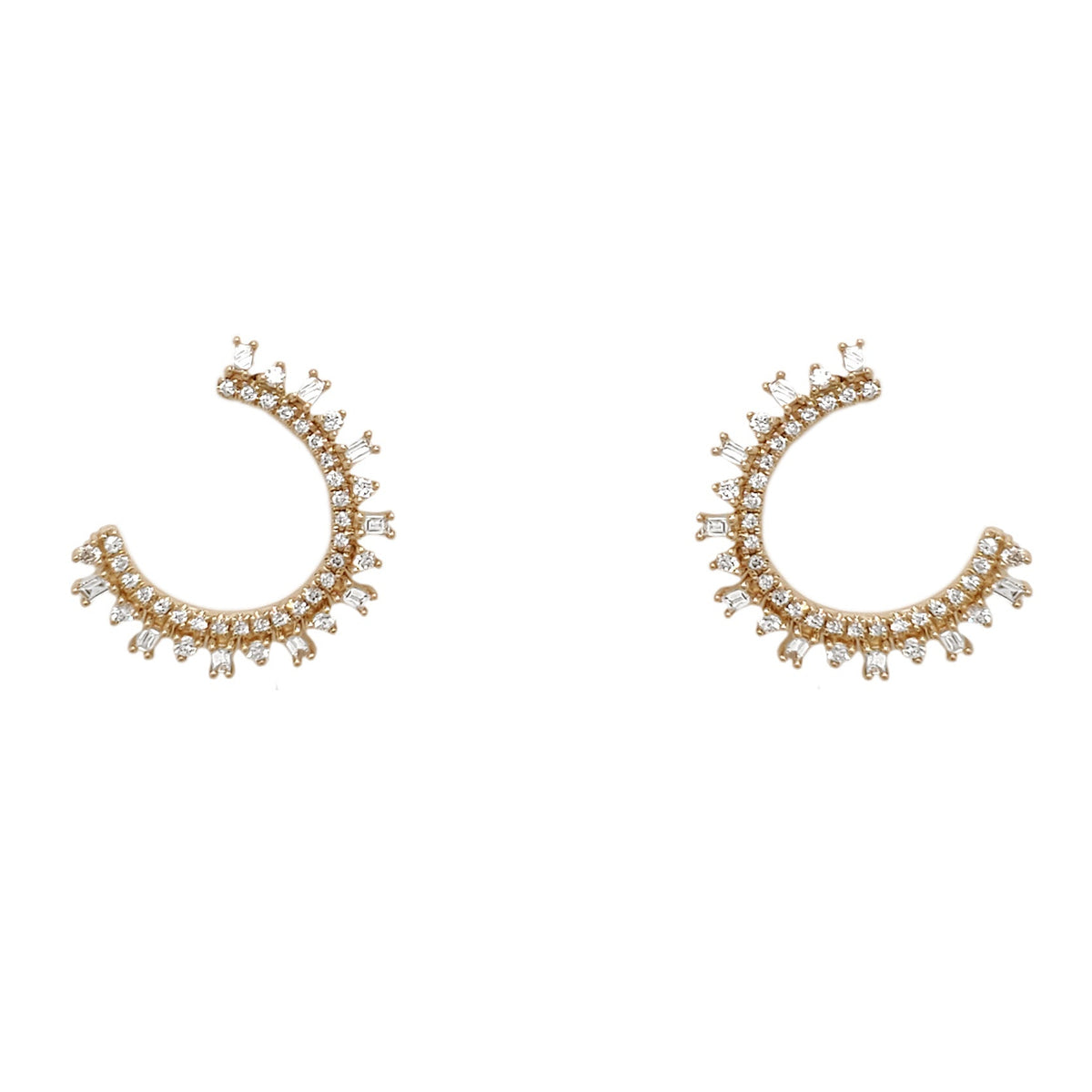 14K Gold Diamond Crescent Earrings | Baguette & Round Cut