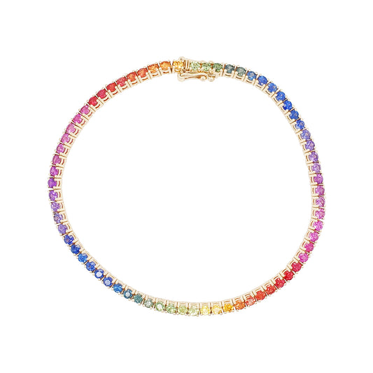 14K Gold Rainbow Sapphire Tennis Bracelet, Gemstone Link Chain