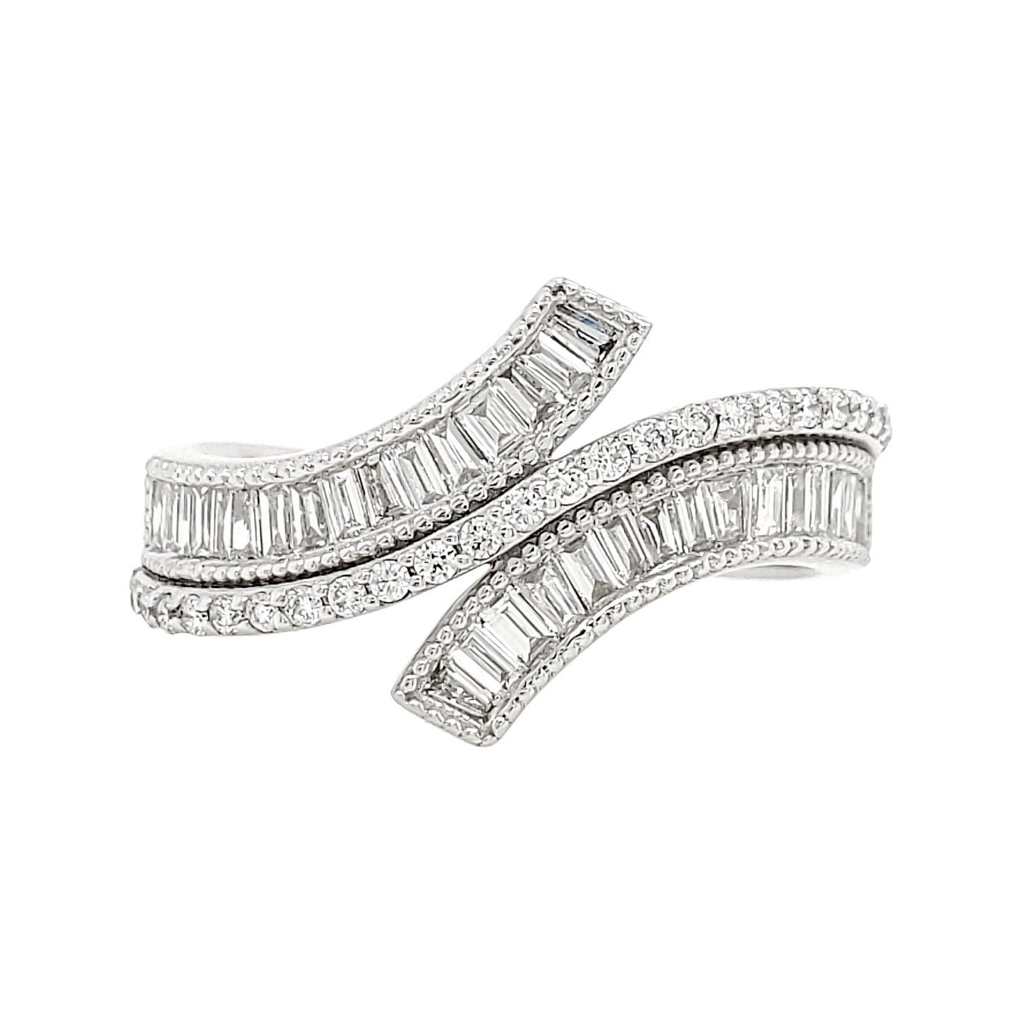 18K White Gold Diamond Bypass Ring, Baguette & Round, Milgrain Band