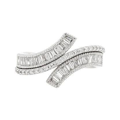 18K White Gold Diamond Bypass Ring, Baguette & Round, Milgrain Band
